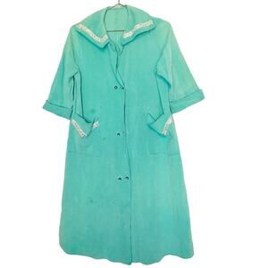 Vintage 80s Women's Teal Green Button Front Lace Detail Two Pockets Robe Gown